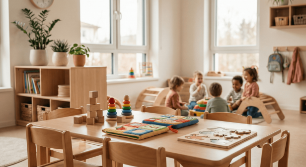 KiTa mit spielenden Kindern im Hintergrund