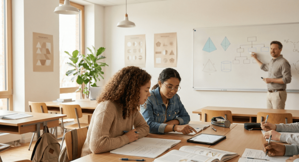 Schüler im Unterricht mit Lehrer an der Tafel